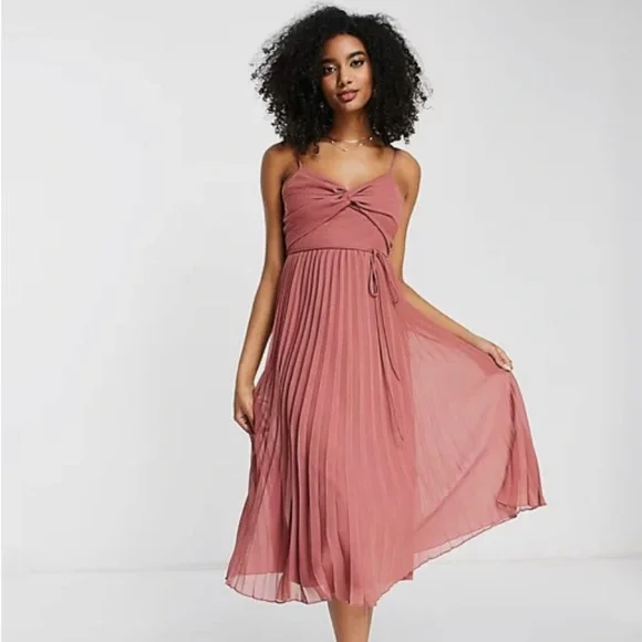 ASOS Design Twist Front Pleated Midi Dress in Pink